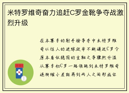 米特罗维奇奋力追赶C罗金靴争夺战激烈升级 米特罗维奇奋力追赶C罗金靴争夺战激烈升级